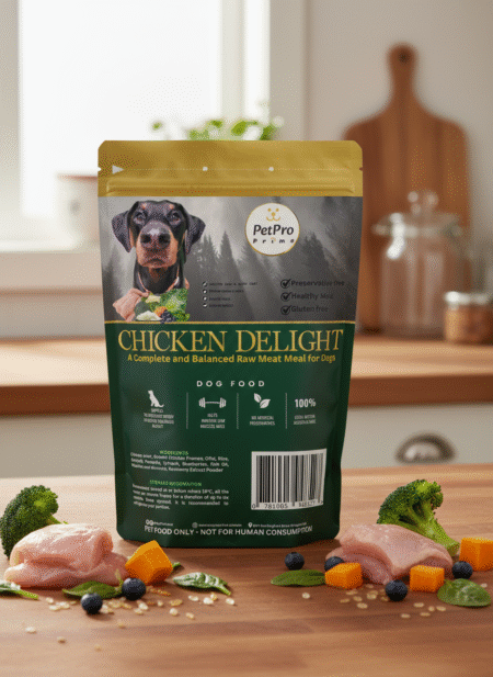 Chicken Delight (Fully Complete & Balanced Meal) Dog food packaging with fresh ingredients.