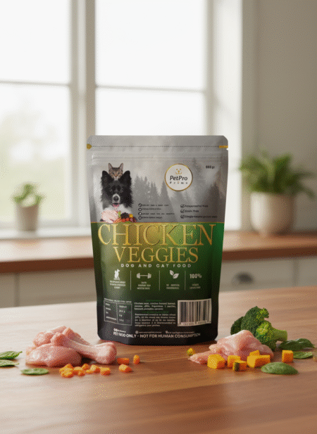 Dog food packaging with chicken and veggies perth