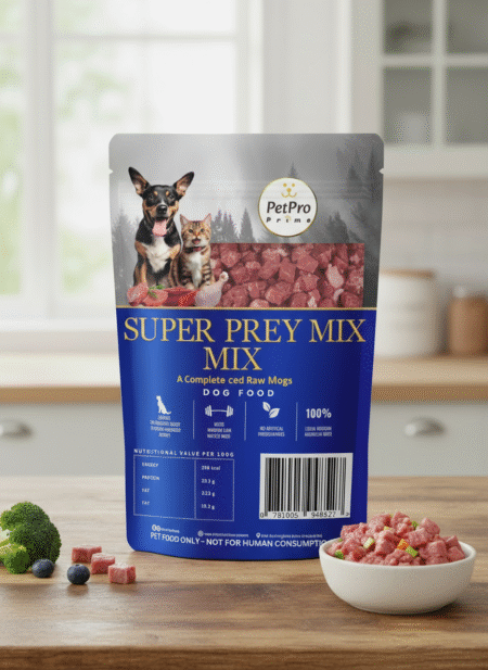 Super Prey Mix Pet food packaging with dogs and cats